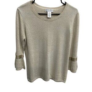 Drapers & Damons Petite Beige Metallic Trim Bell Sleeve Sweater Top Sz SP